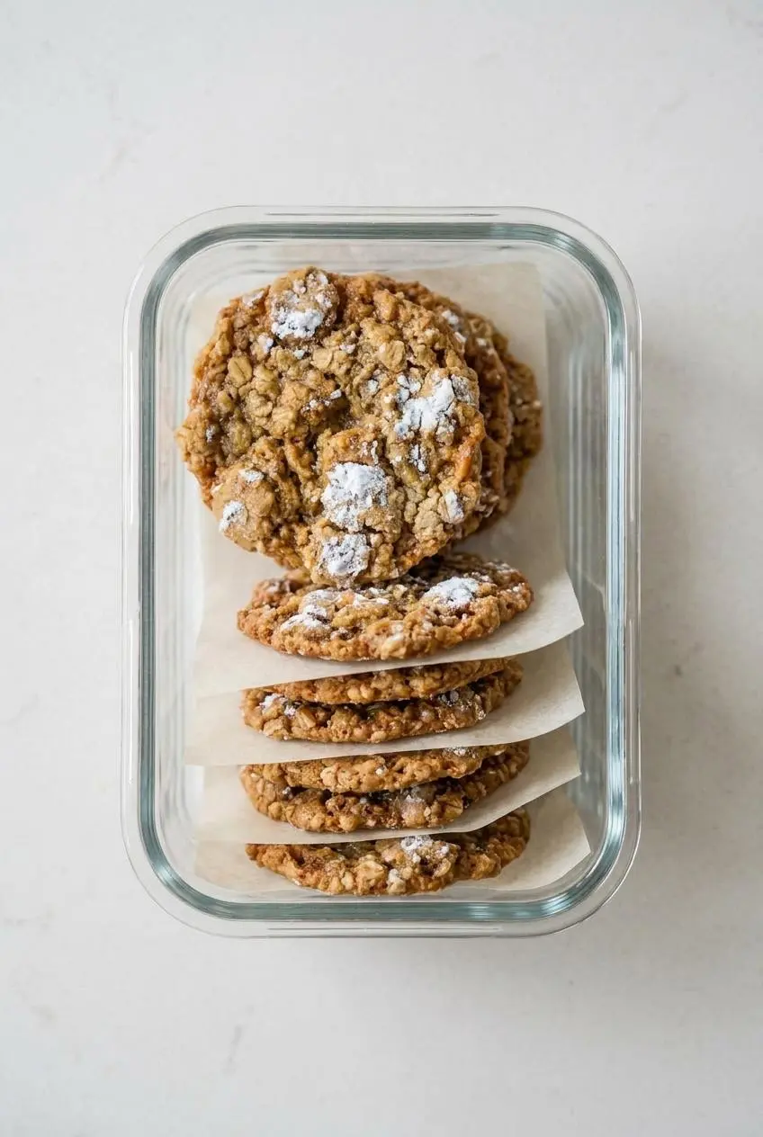 Stacked oatmeal crackle cookies stored inside an airtight glass container separated by parchment paper.