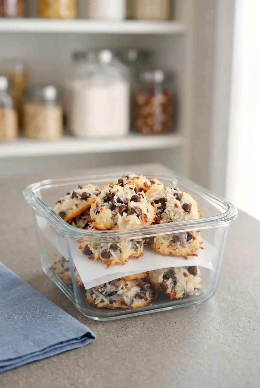 Baked coconut cookies stacked with sheets of parchment paper inside a clear glass storage jar.