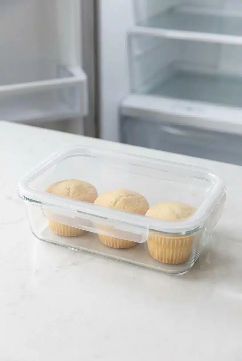 Three un-frosted angel food cupcakes stored neatly inside a clear glass airtight container on a clean countertop.