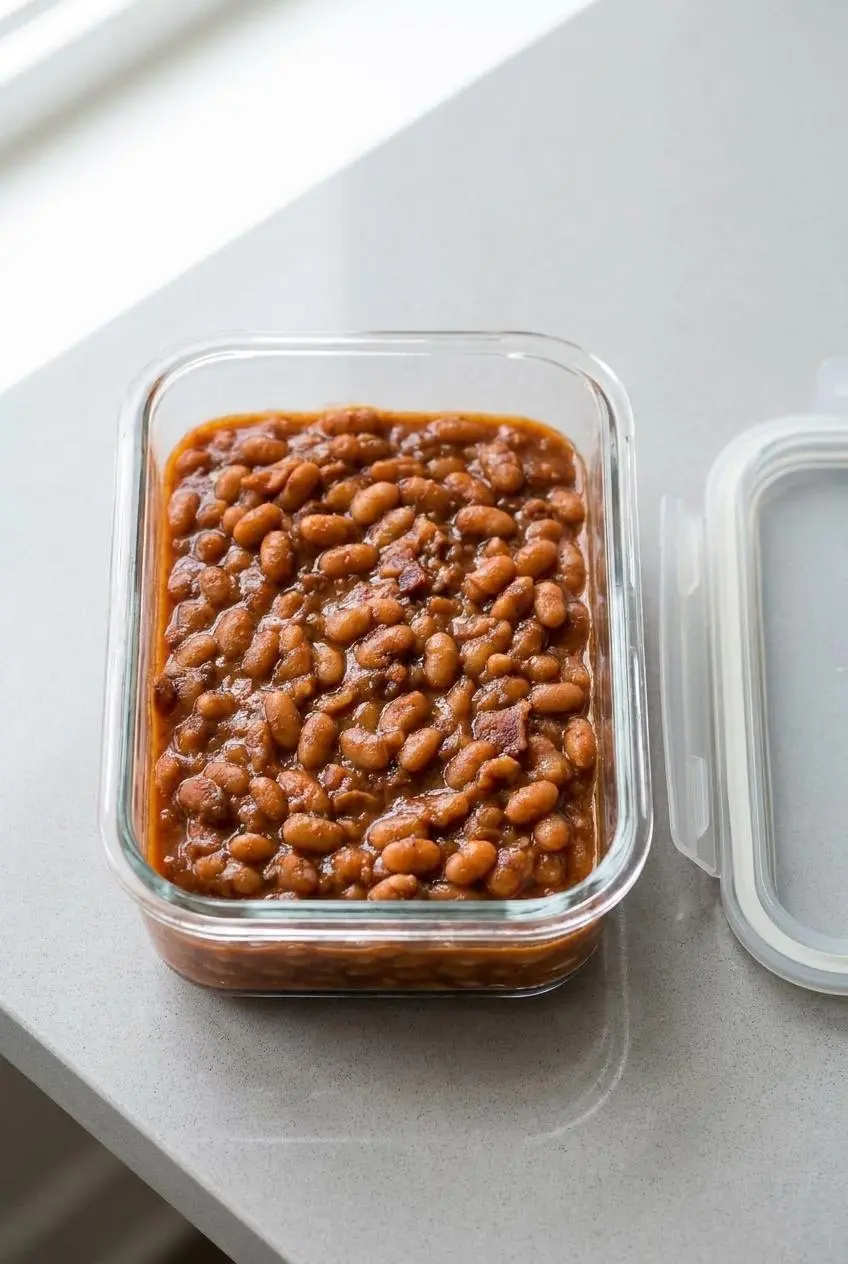 Rectangular glass storage container filled with baked beans and bacon on a kitchen countertop.
