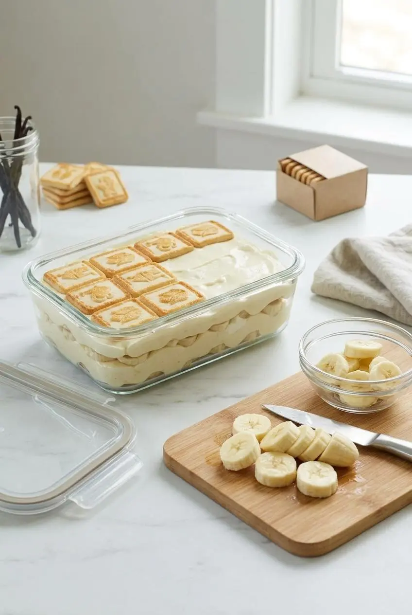 Freshly sliced bananas on a cutting board next to banana pudding stored in a glass container with a lid.
