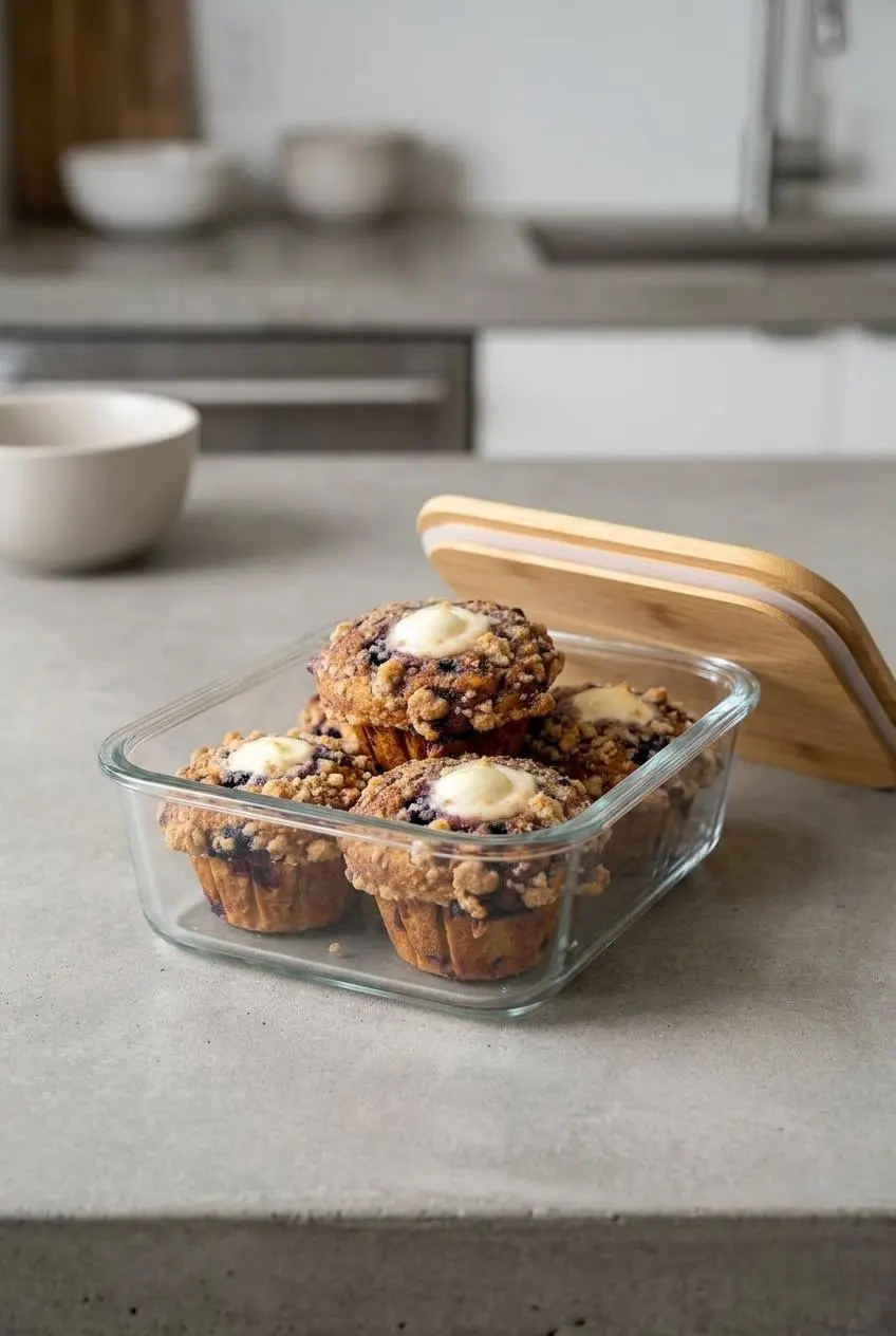 Blueberry cream cheese muffins arranged neatly inside a clear glass container with a bamboo lid.