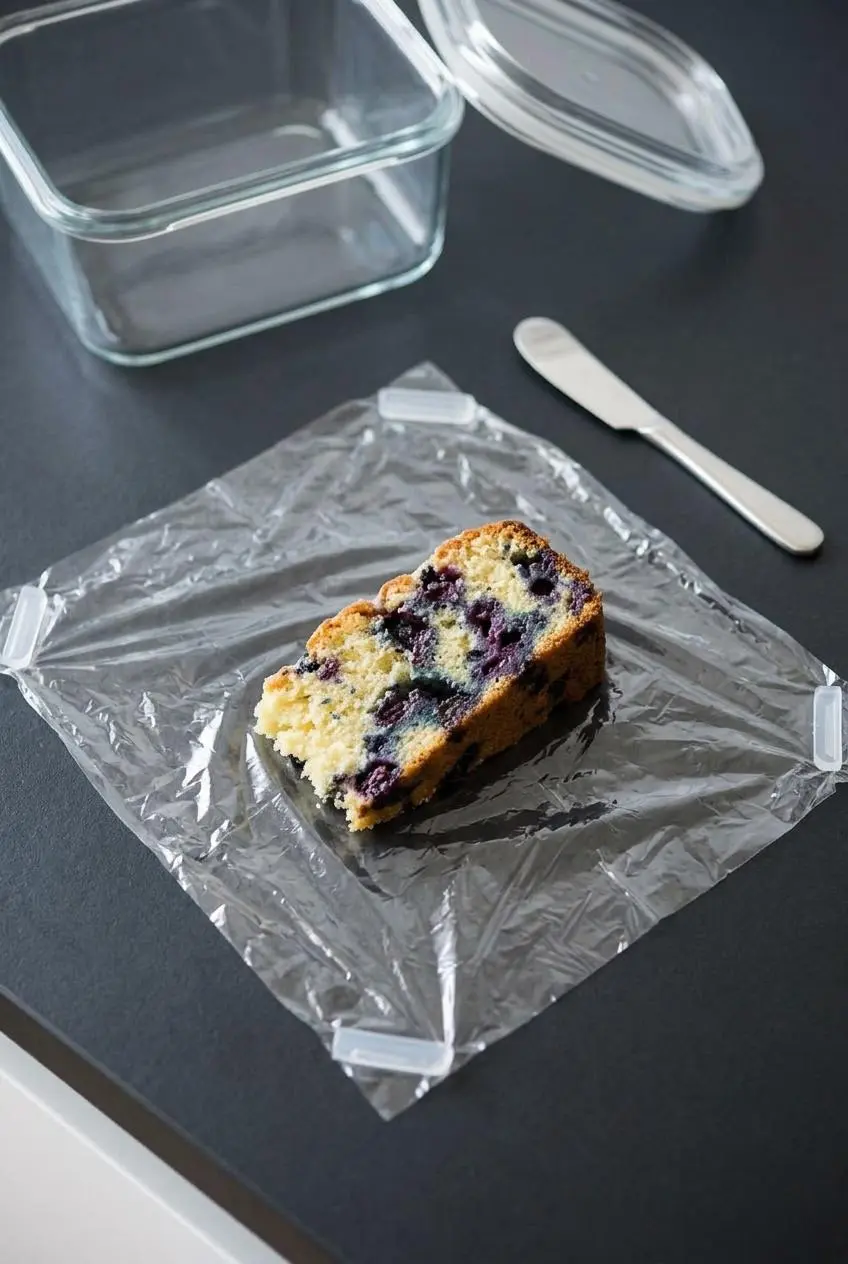 A slice of blueberry lemon yoghurt cake placed on plastic wrap next to a clear glass storage container.