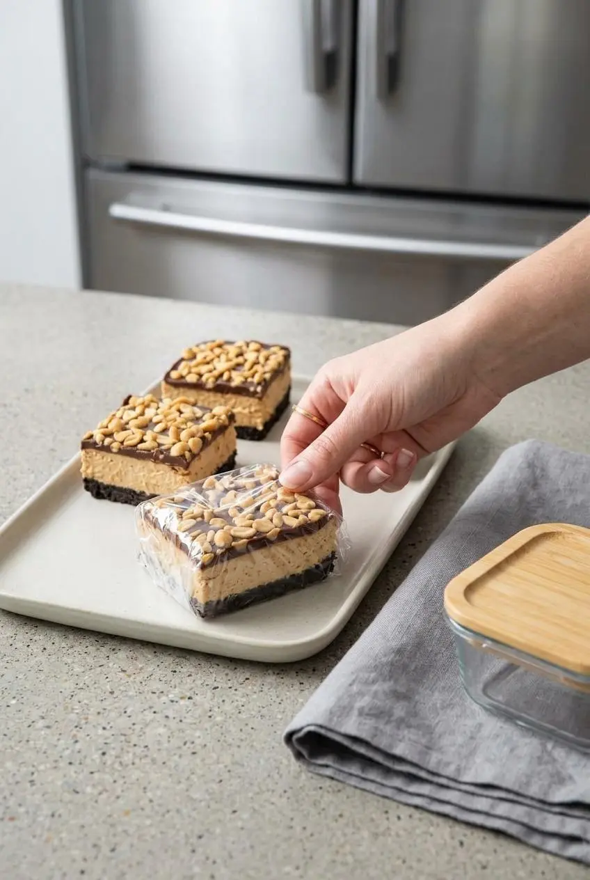 Slices of buckeye cheesecake on a ceramic tray being wrapped in plastic wrap for storage.