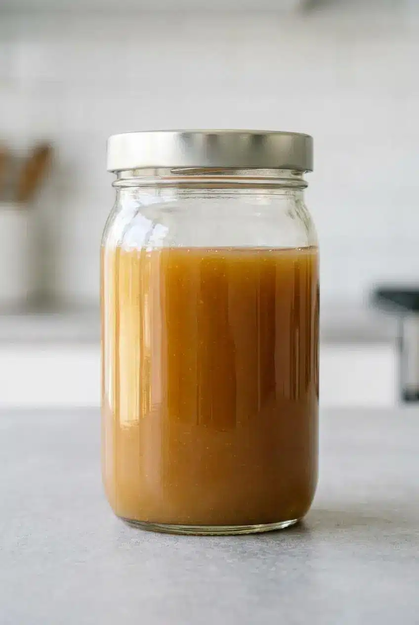 Smooth, unified golden buttermilk syrup stored safely inside a clear glass jar on a clean kitchen counter.