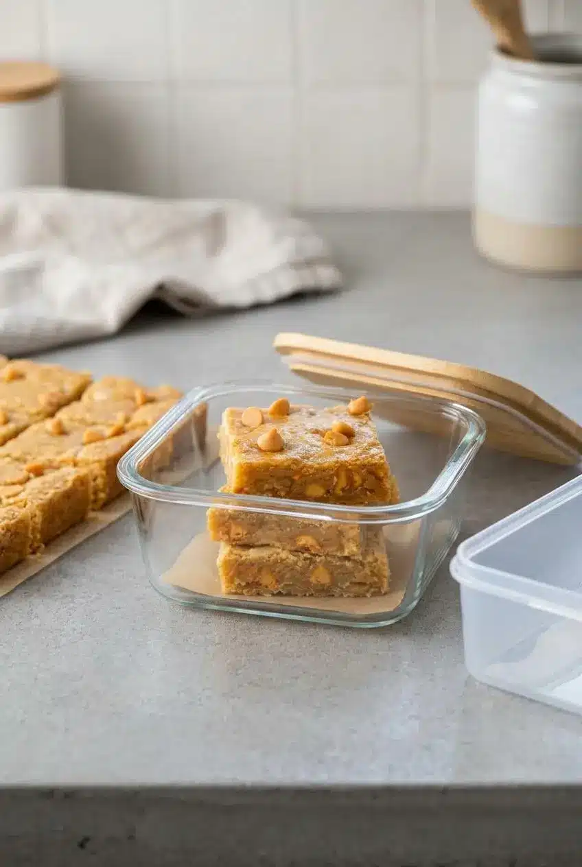 Sliced butterscotch bars stacked with parchment paper inside a glass storage container on a counter.