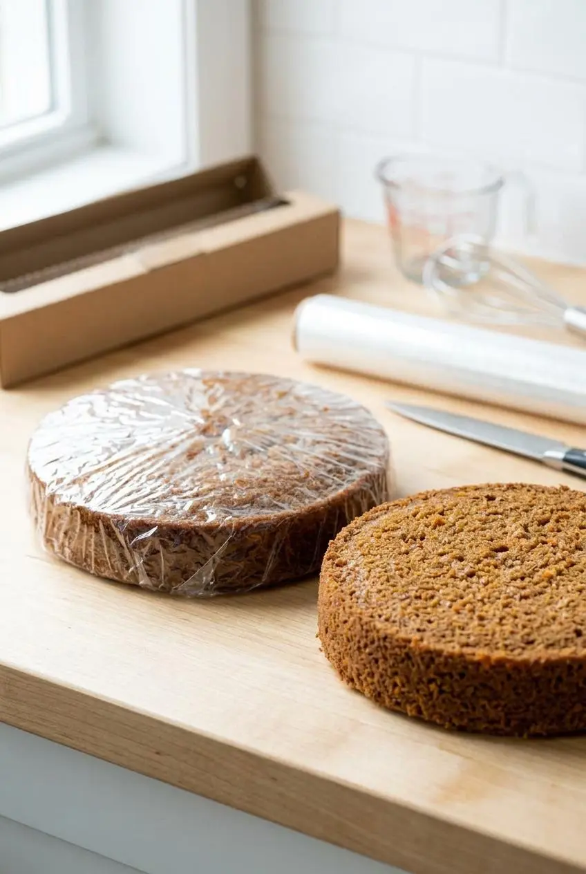 Two baked carrot cake layers on a counter, with one wrapped tightly in clear plastic wrap.