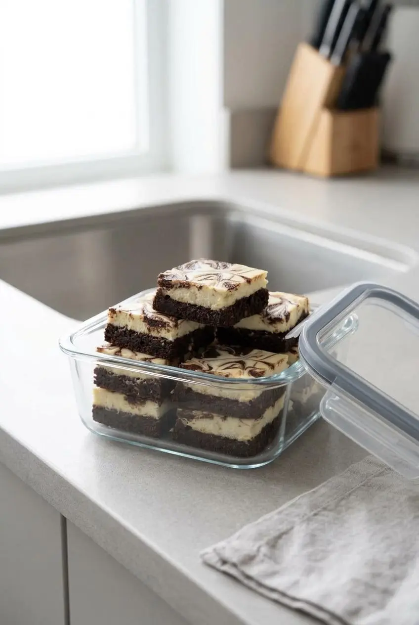 Sliced cheesecake brownie bars stacked neatly inside a clear glass airtight storage container.