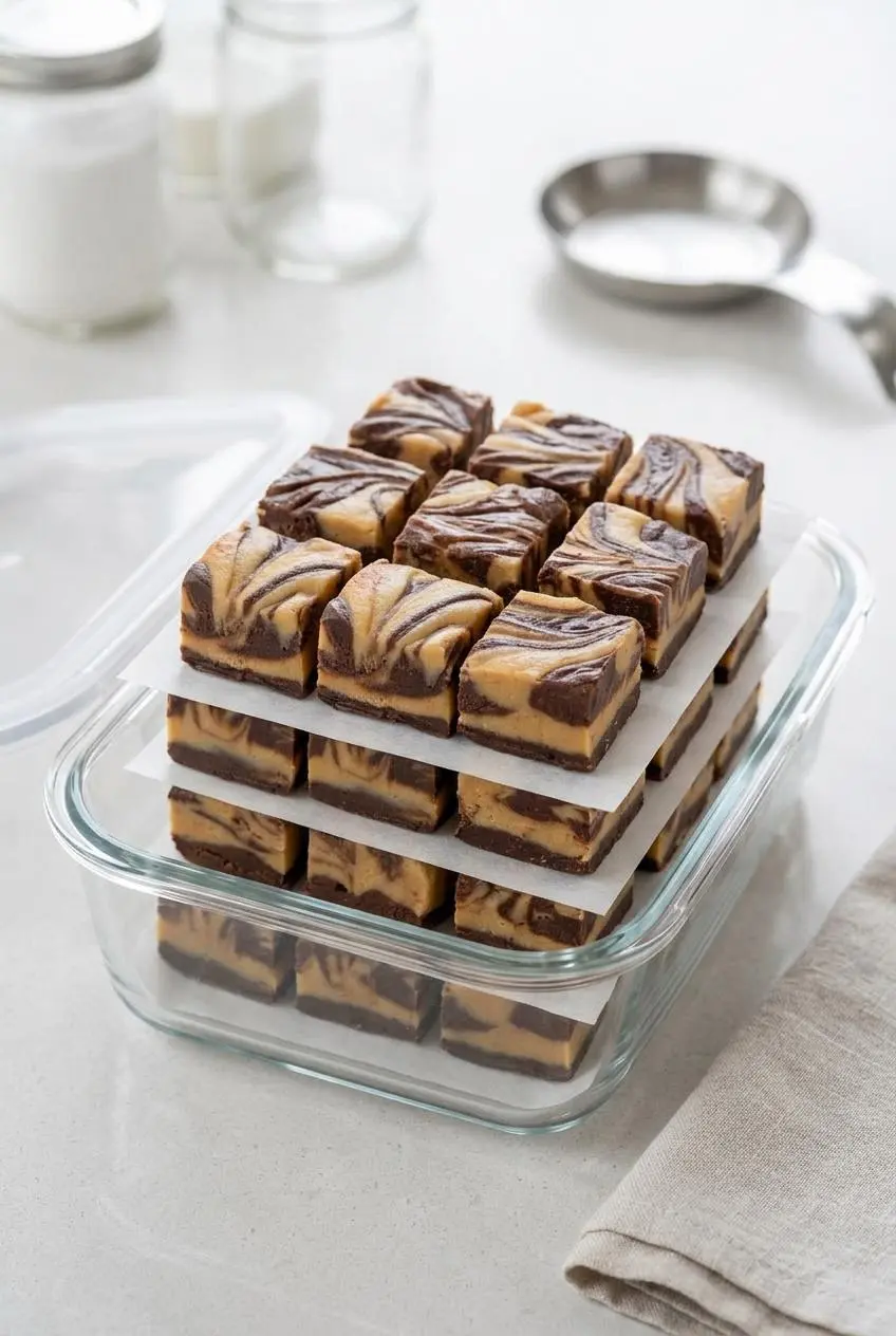 Sliced squares of peanut butter cheesecake fudge stacked between sheets of white parchment paper in a glass container.