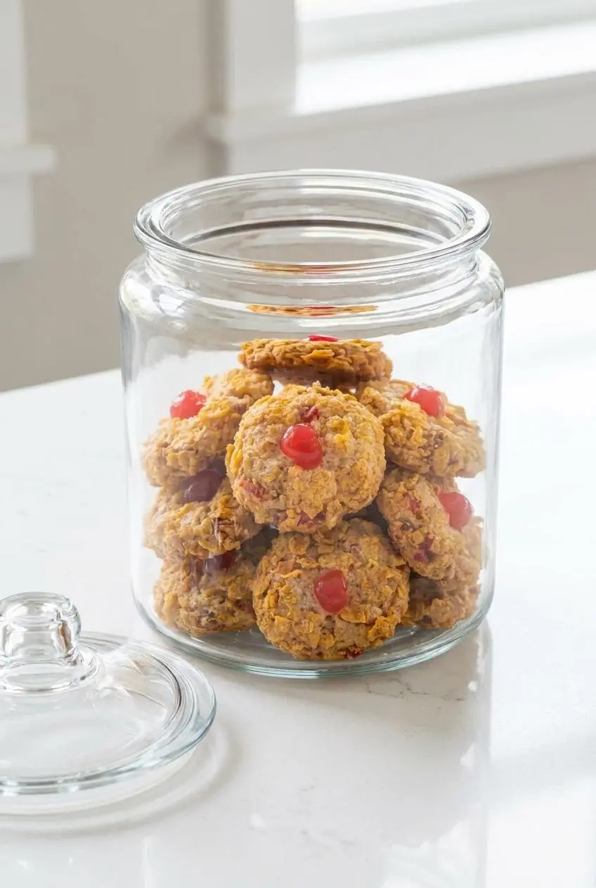 Baked Cherry Winks stored inside a clear glass jar on a clean quartz countertop.