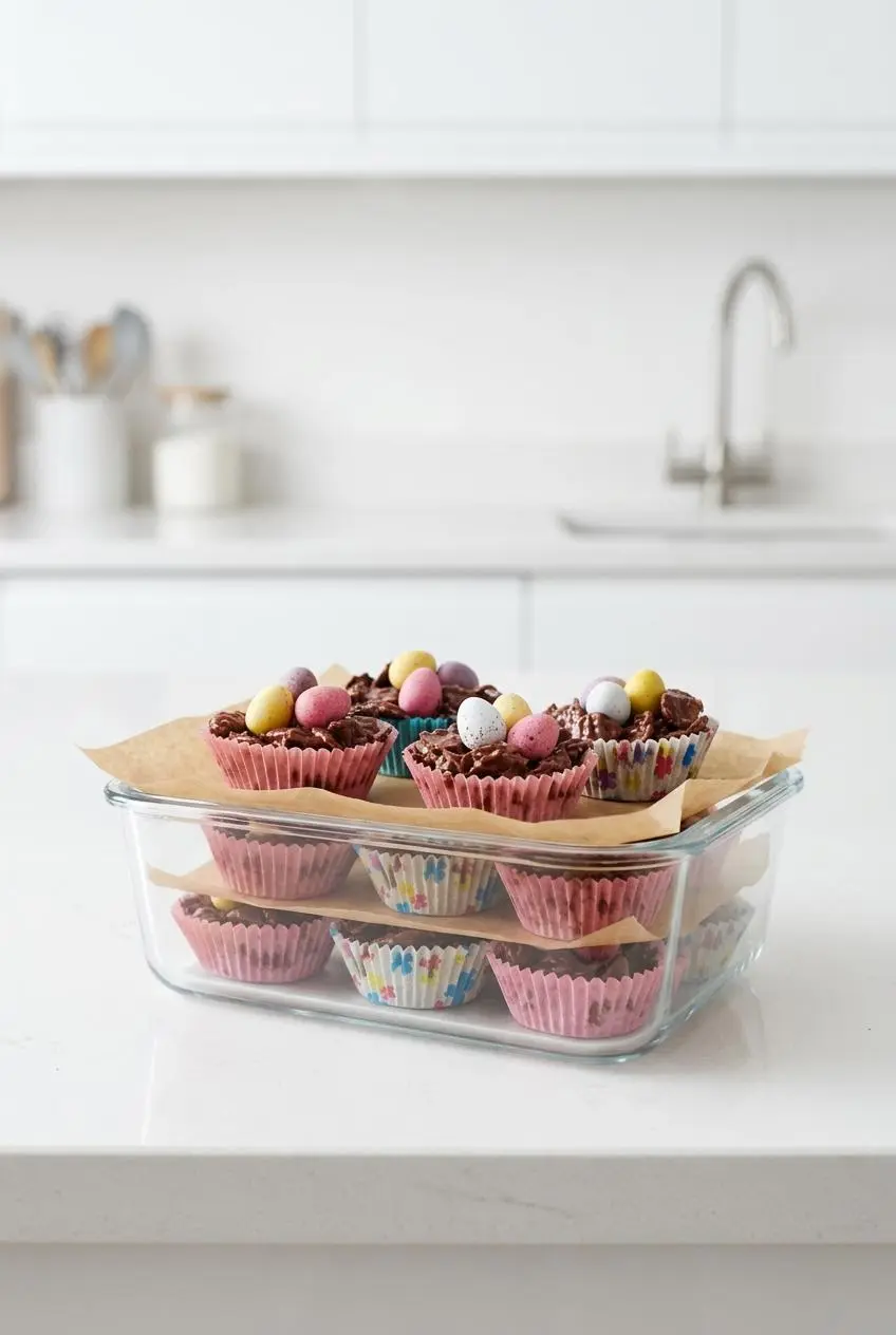 Chocolate Easter egg nests stacked neatly in a clear glass storage container with sheets of baking parchment separating the layers.