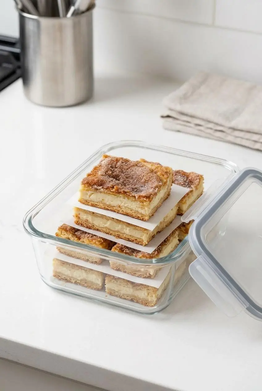 Churro cheesecake bars stored in a glass container with parchment paper between stacked layers.