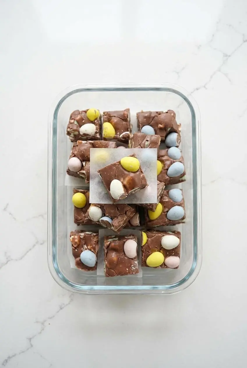 Squares of chocolate Easter fudge neatly stacked between parchment paper inside a clear glass container.