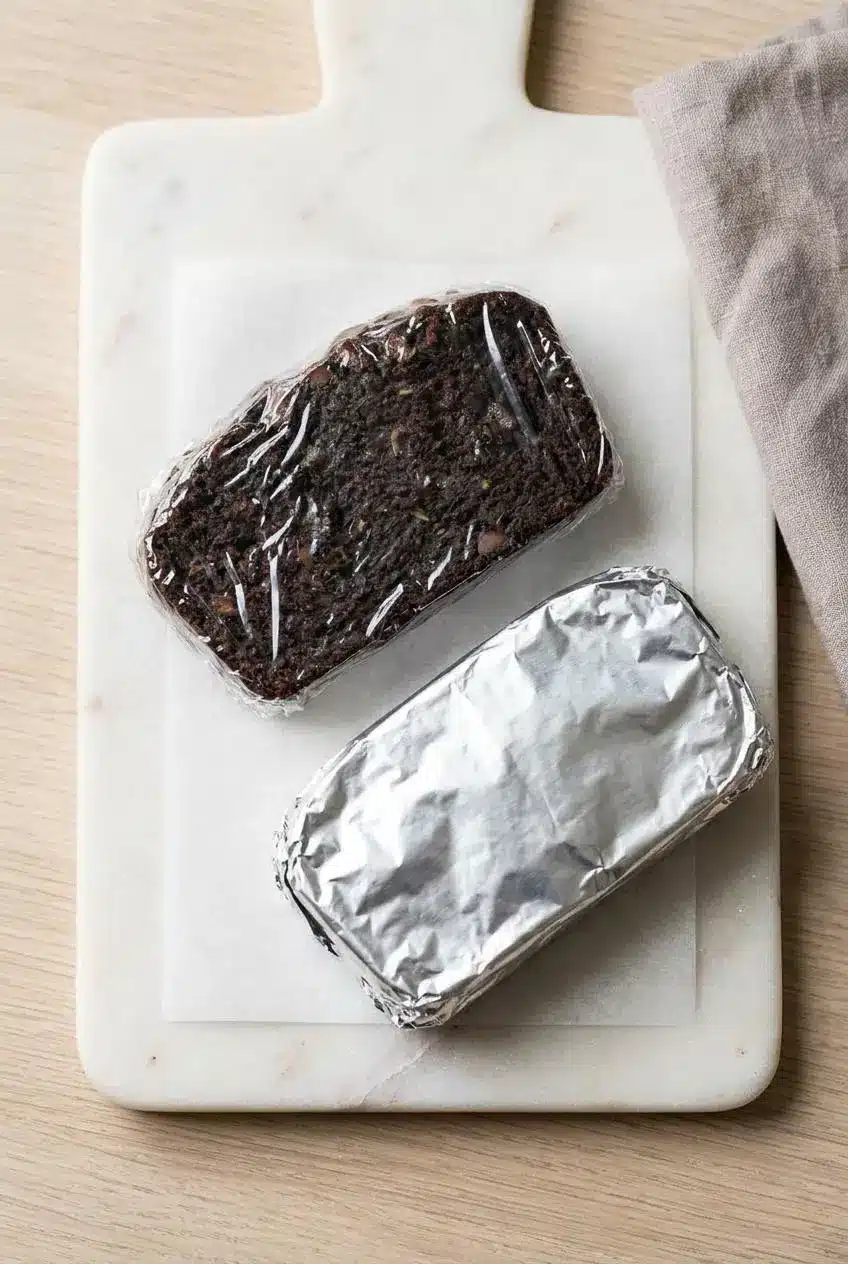 Three thick slices of chocolate zucchini bread on a slate countertop with plastic wrap and aluminum foil nearby.
