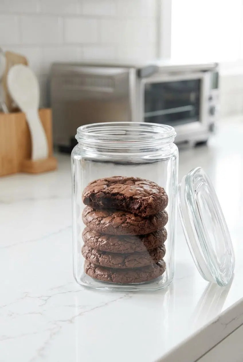 Cooled chocolate cookies neatly stacked inside a clear glass airtight storage container on a bright kitchen counter.