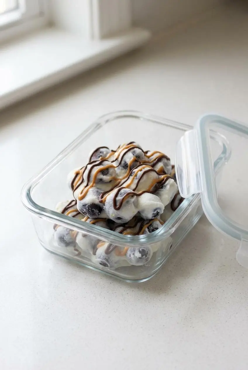 Frozen yogurt covered blueberry clusters stacked neatly inside a clear glass airtight meal prep container.