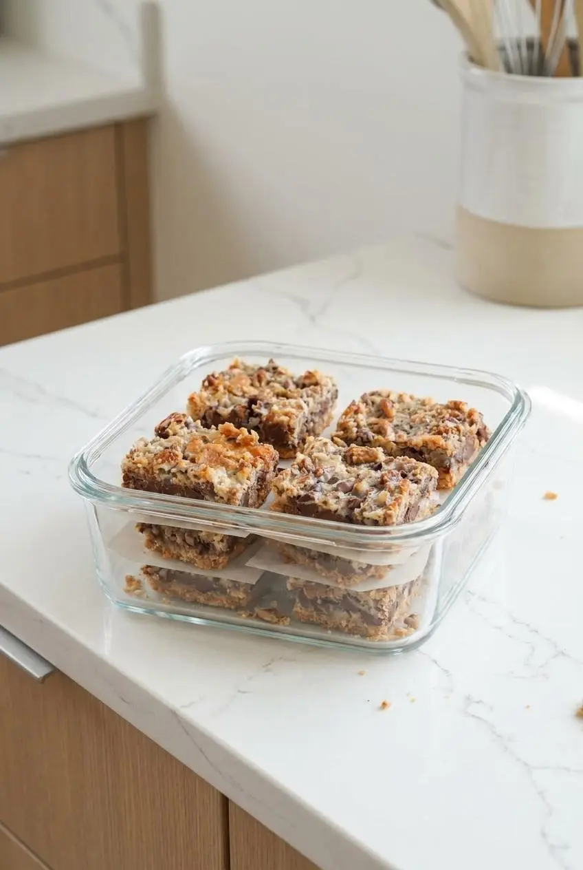 Hello Dolly bars stacked with parchment paper inside a clear glass airtight storage container.