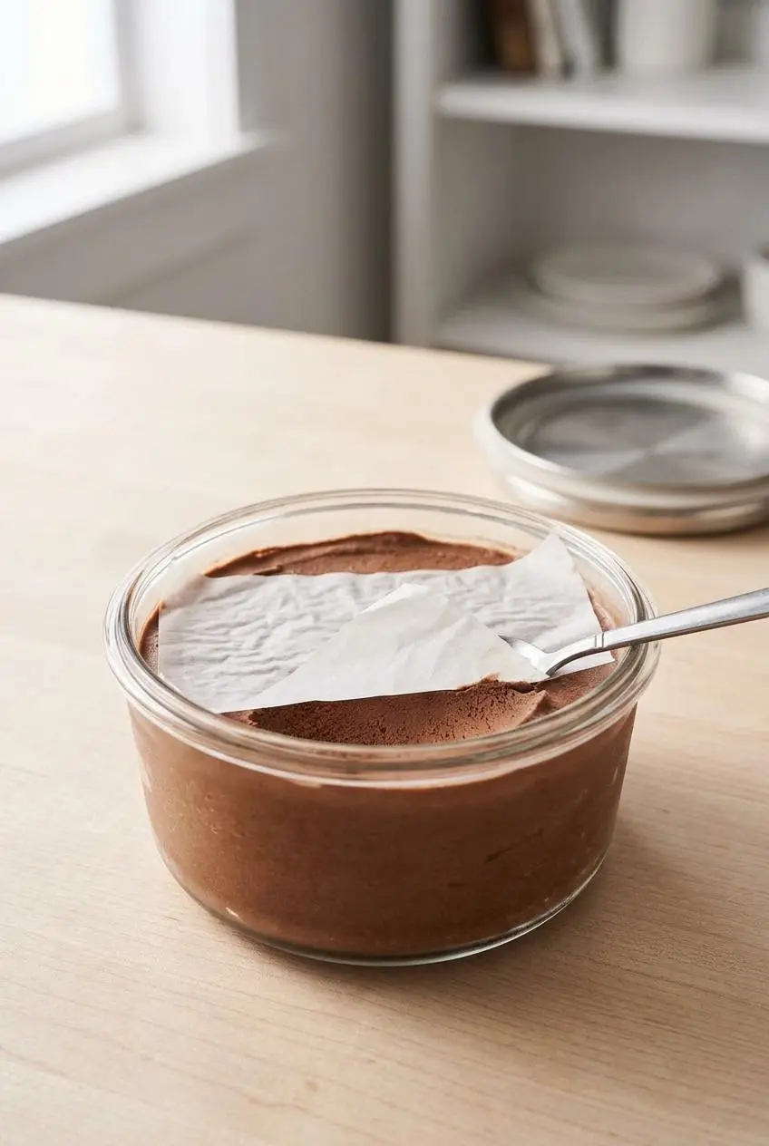 Parchment paper pressed directly onto chocolate ice cream in an airtight container.