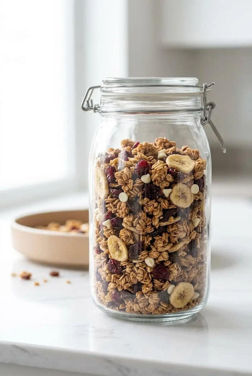 Chunky baked granola stored in a tall, airtight glass clamp jar on a bright white kitchen counter.