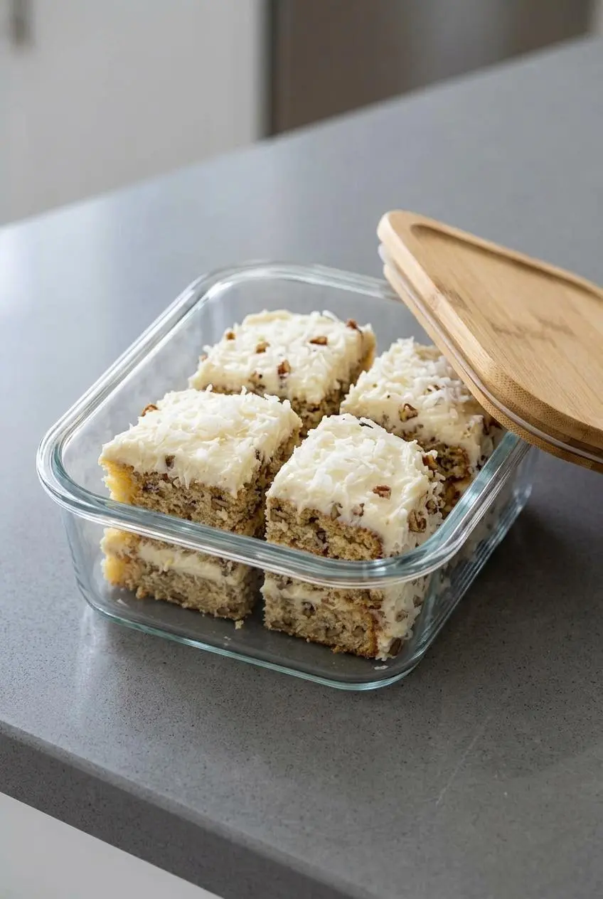 Slices of Italian cream cake neatly arranged in a glass storage container with a wood lid.