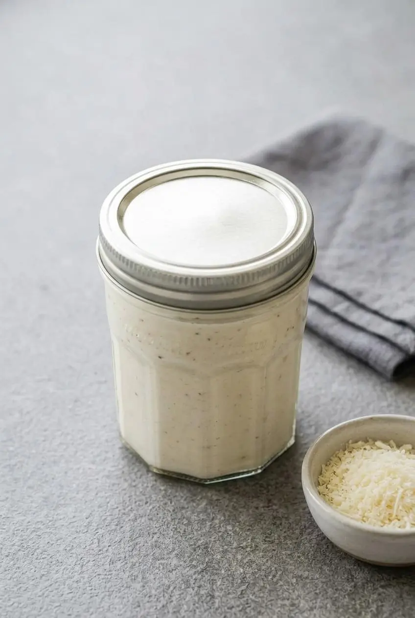 Leftover white pizza sauce stored in a clear glass jar on a modern grey kitchen countertop.