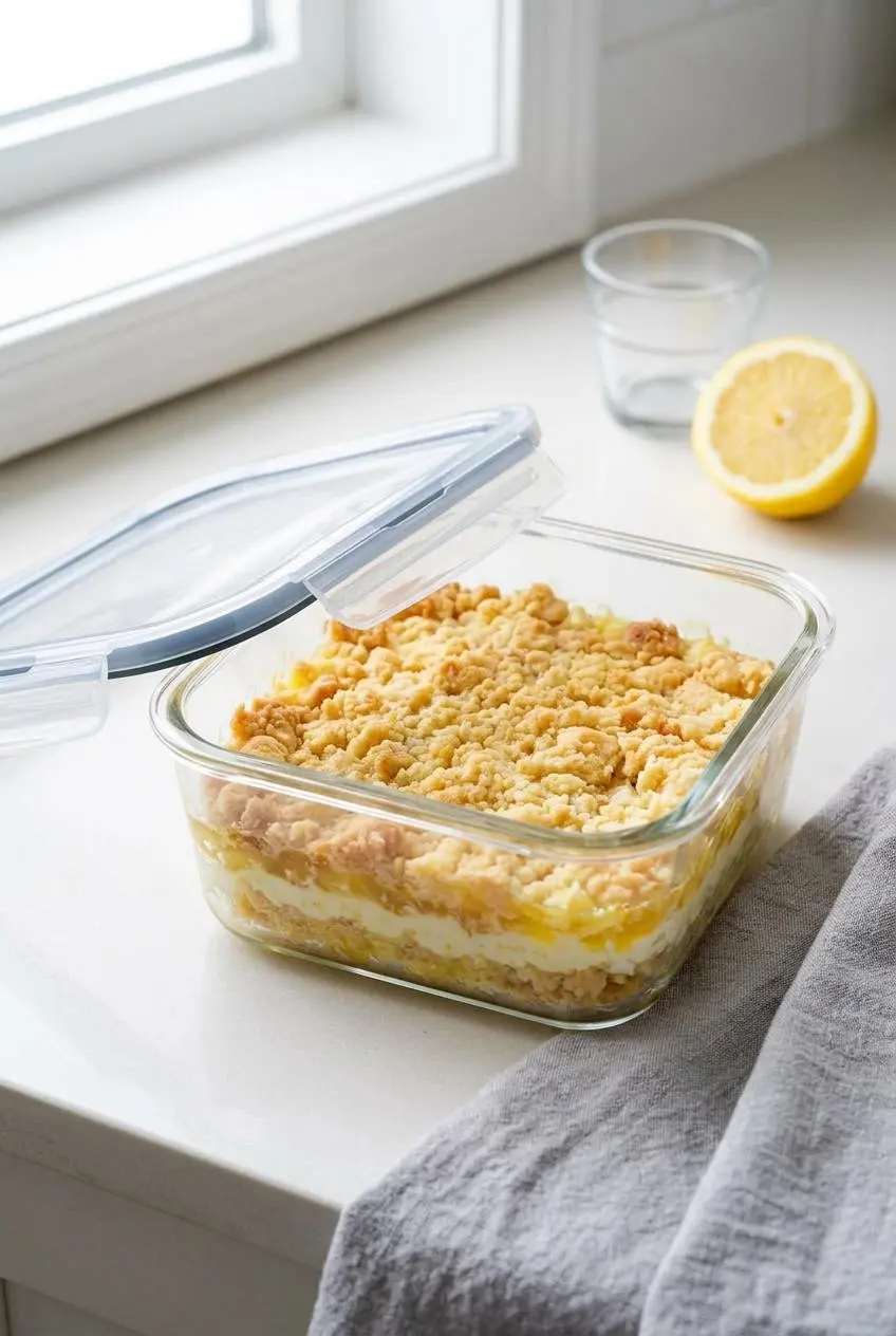 Lemon dump cake stored in a clear glass container with the lid slightly open on a countertop.