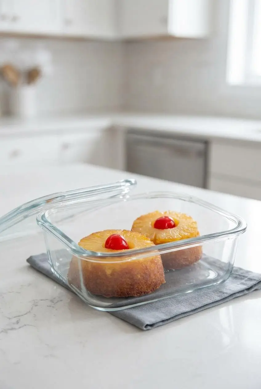 Two mini pineapple upside down cakes stored inside a clear glass container on a kitchen countertop.
