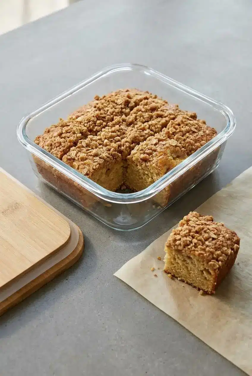 Sliced pantry crumb cake squares stored inside a glass food container on a kitchen counter.