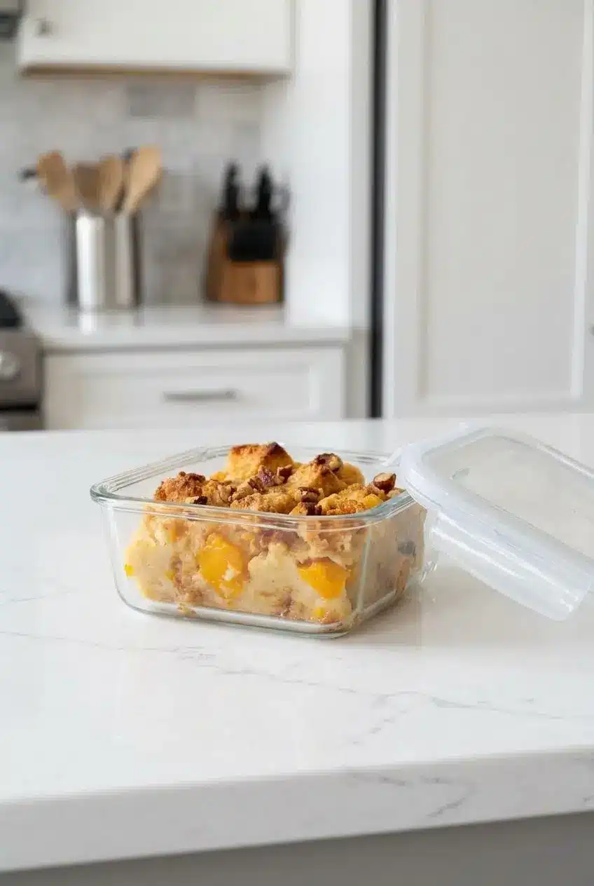 Leftover peach bread pudding stored in a glass meal prep container with a partially open lid.