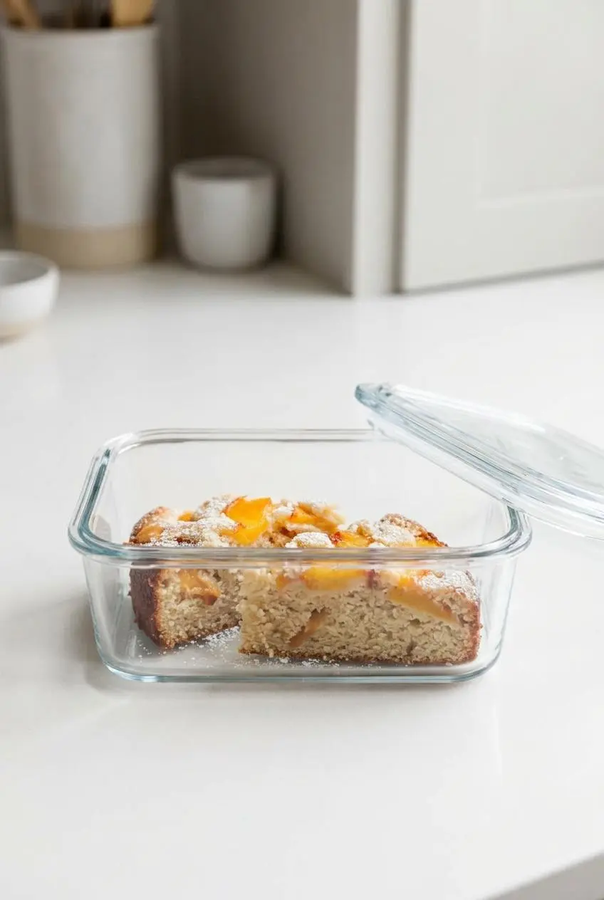 Two slices of peach cake stored side-by-side inside a clear glass airtight storage container.