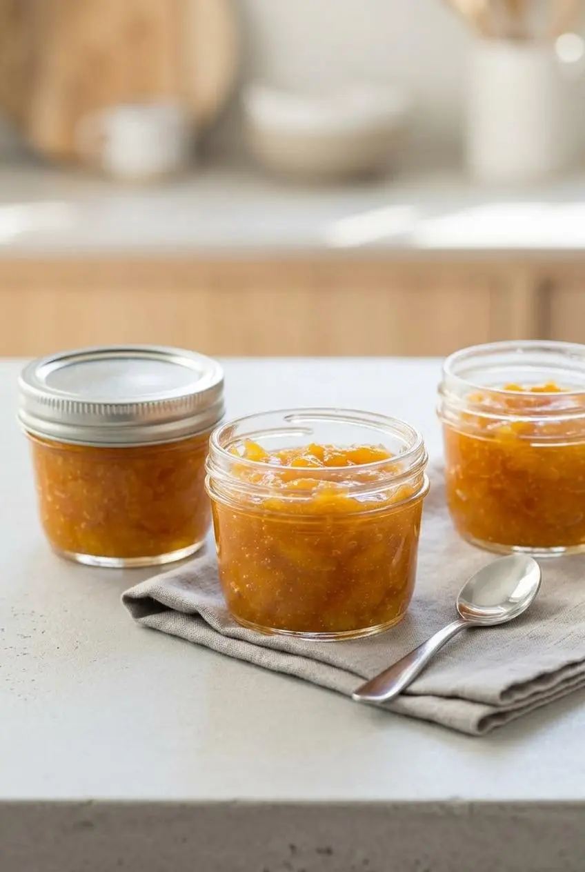 Three glass jars filled with golden peach jam on a clean kitchen countertop.