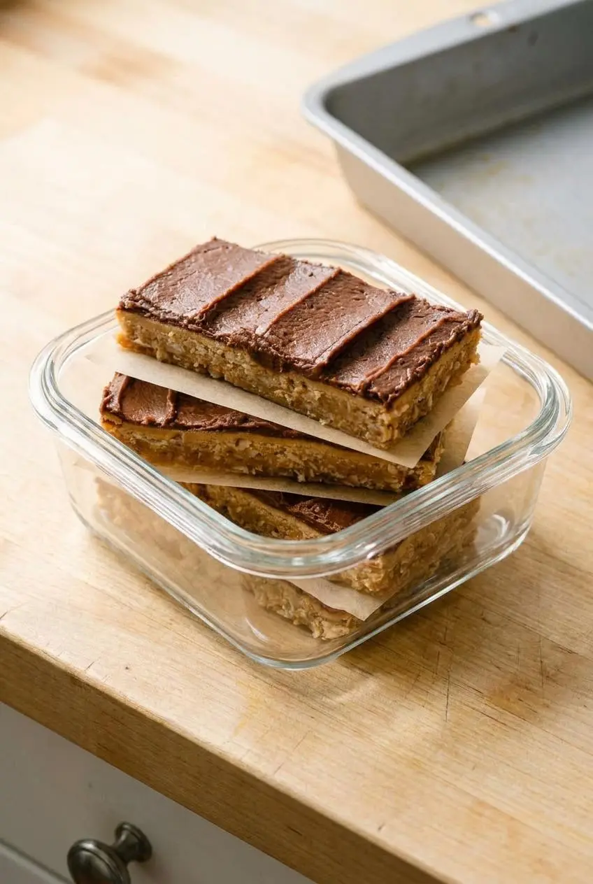 Chilled peanut butter bar squares stacked with parchment paper inside a clear glass container.
