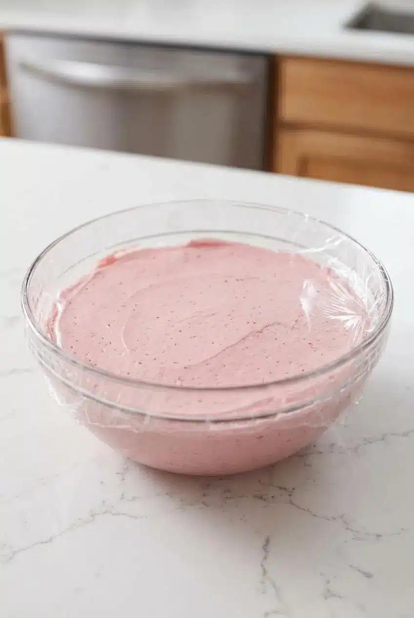 Raspberry buttercream stored in a glass bowl with plastic wrap pressed flat against the pink surface.