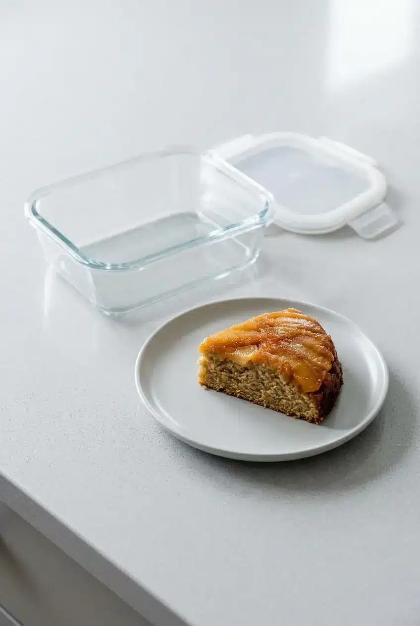 A leftover slice of caramel apple cake on a small ceramic plate next to a glass storage container.