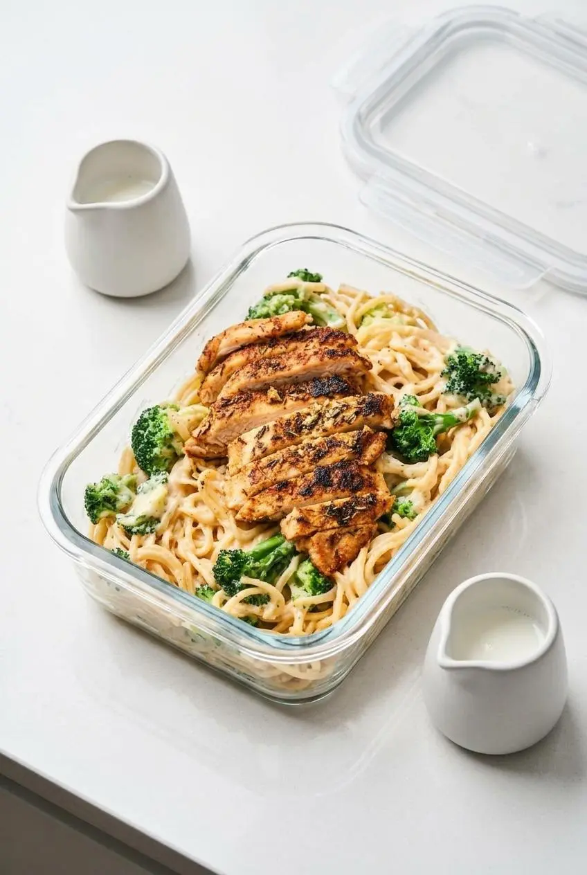 Portioned chicken Alfredo and broccoli in a glass storage container next to a small creamer of milk for reheating.