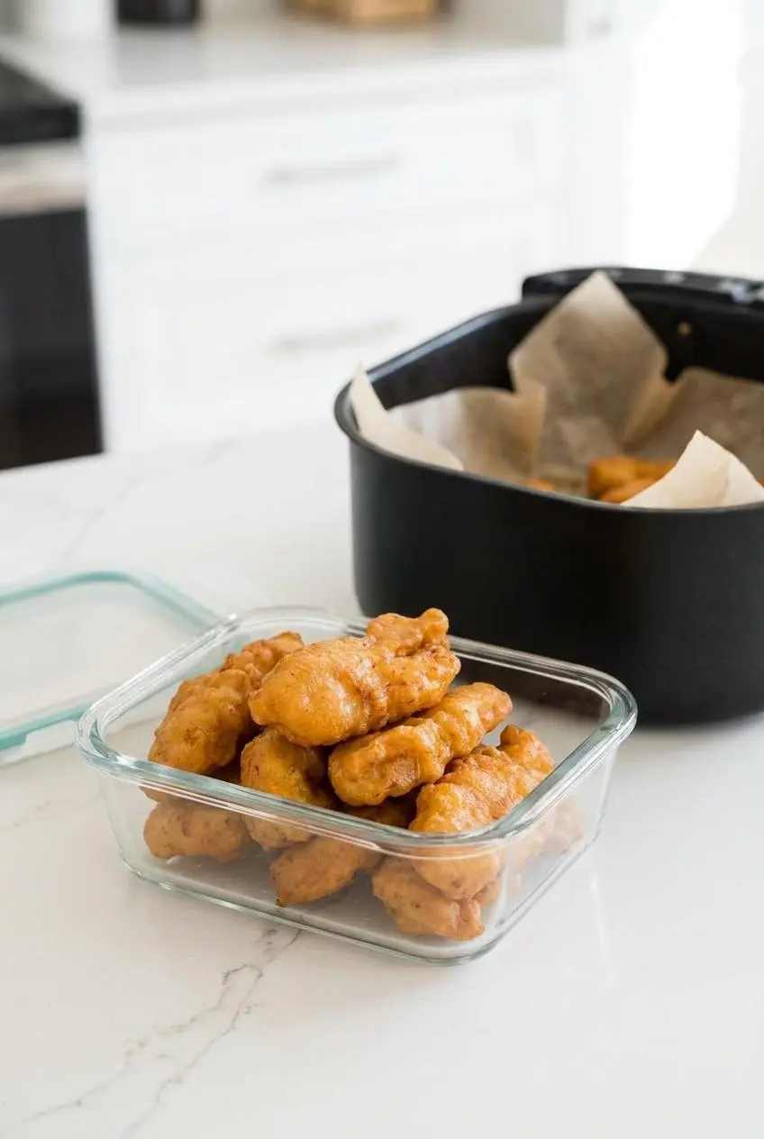 Leftover Chinese chicken fingers stored in an airtight glass container on a clean countertop.