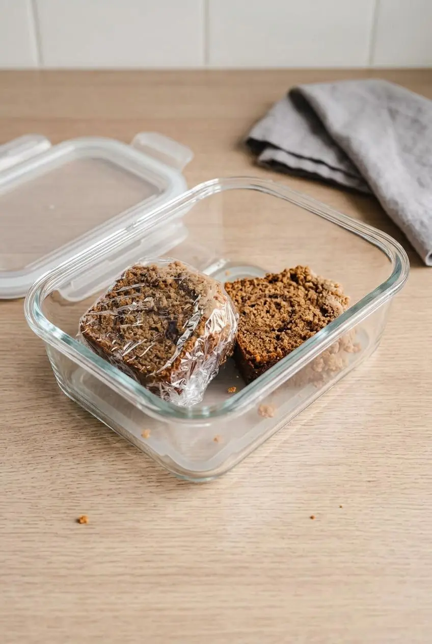 Two slices of cinnamon bundt cake, one wrapped in plastic wrap and one inside a glass storage container.