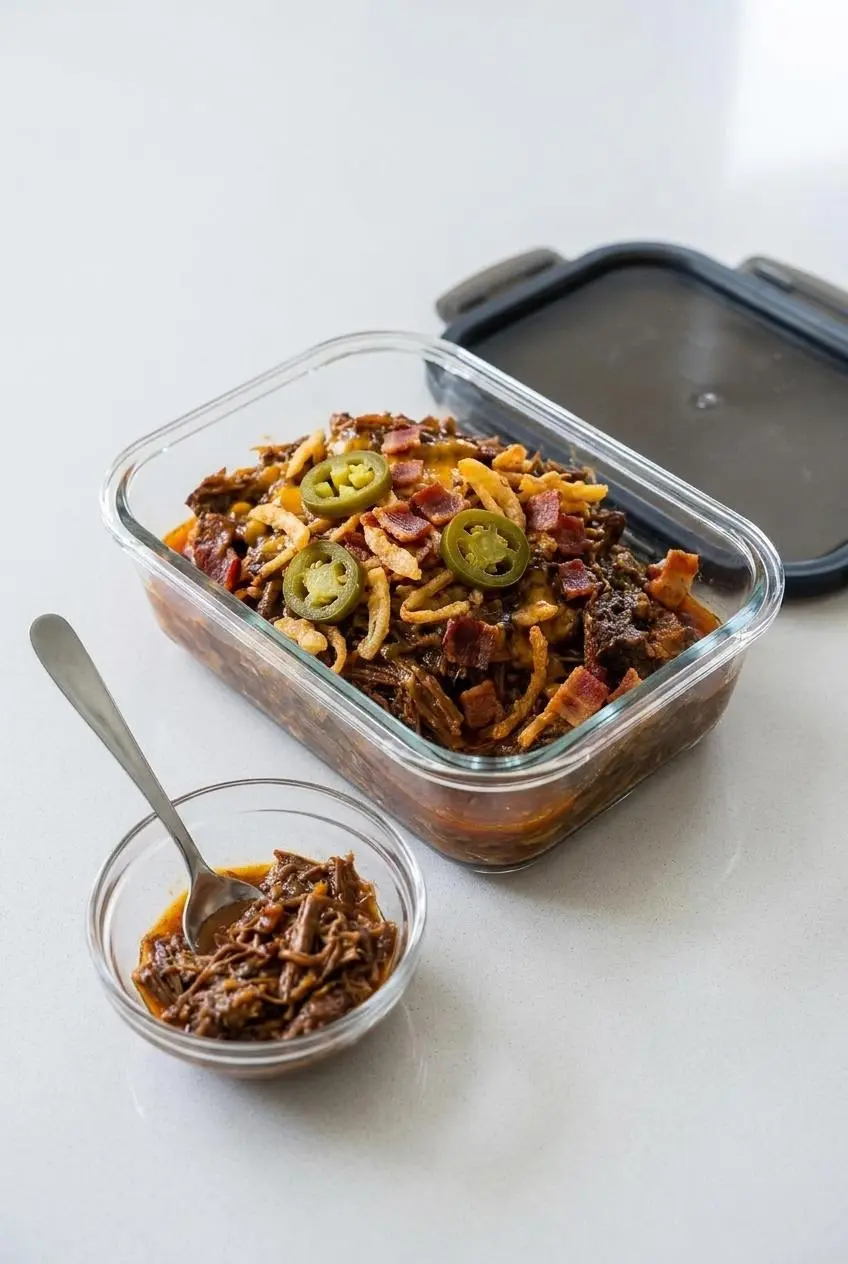 Shredded barbecue cowboy beef packed in a glass meal prep container with cooking juices for easy reheating.