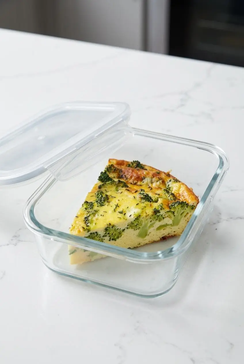 Two slices of cold crustless quiche stored side-by-side in a glass meal prep container with the lid open.