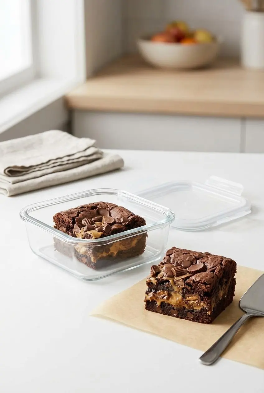 Slices of chocolate peanut butter earthquake cake stored on parchment paper and inside a glass container on a kitchen counter.