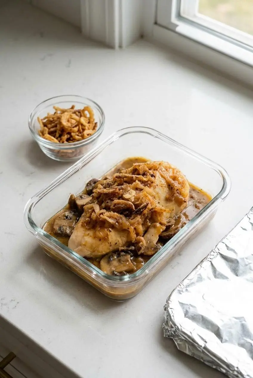 Leftover chicken bake stored in a glass container next to a separate small dish of crispy fried onions.