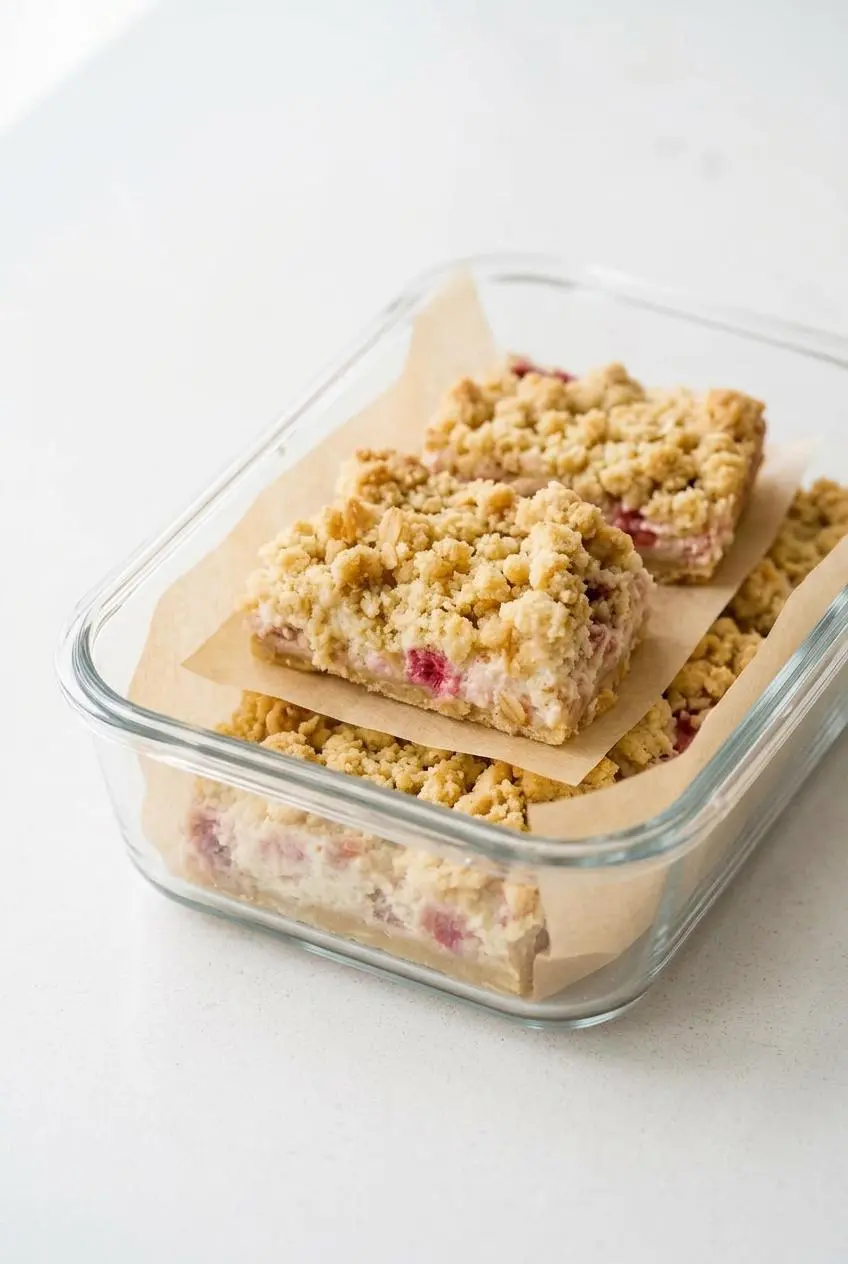 Sliced cream cheese and rhubarb dessert bars layered with parchment paper inside a clear glass food storage container.