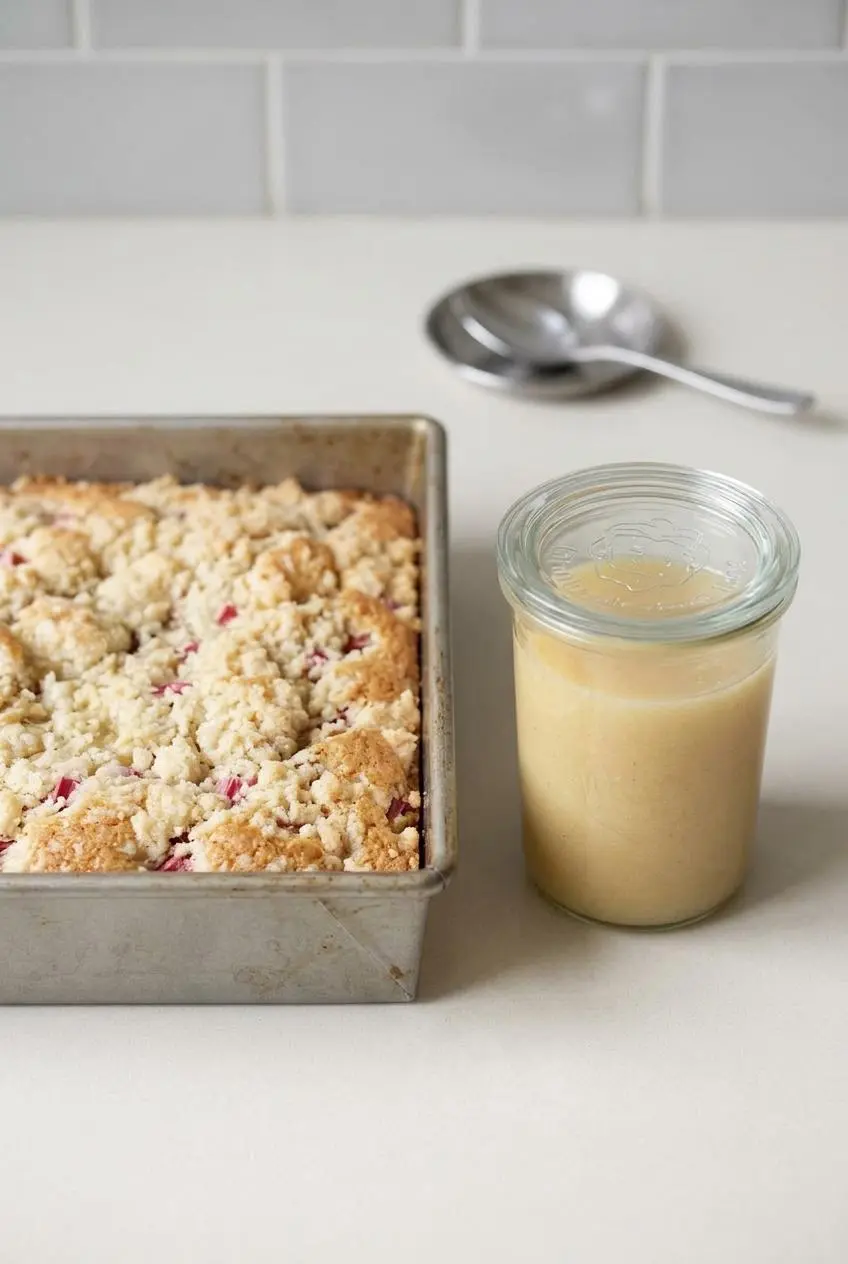 Sliced unsauced rhubarb cake in a baking pan next to a clear glass jar filled with smooth vanilla sauce