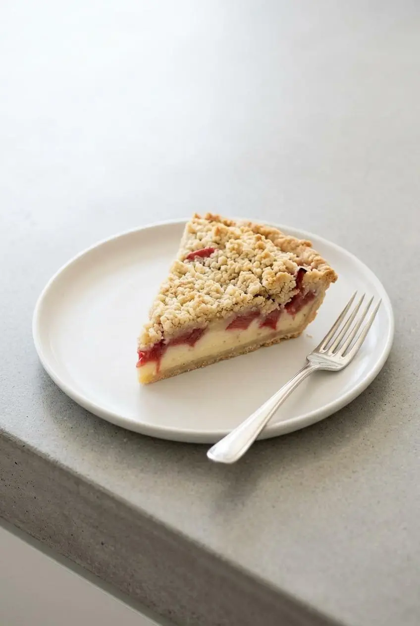 A chilled slice of rhubarb sour cream pie on a white plate showcasing its firm, clean-cut shape.