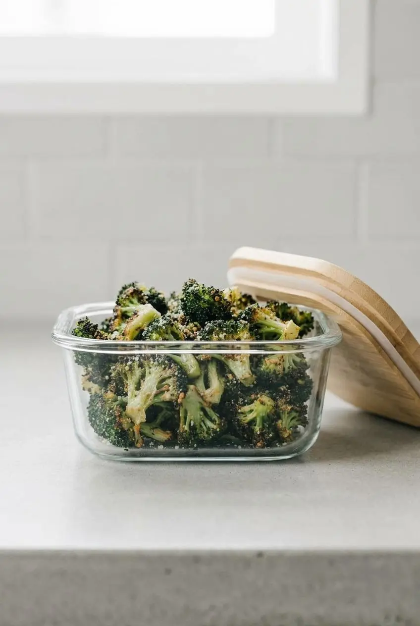 Roasted parmesan broccoli leftovers packed neatly inside a clear glass airtight container with a wood lid.