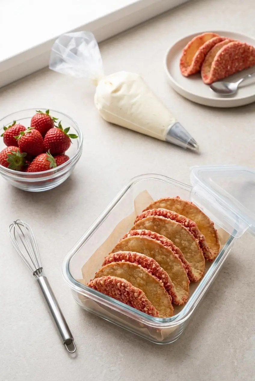 Coated taco shells in a glass container next to cheesecake filling in a piping bag.