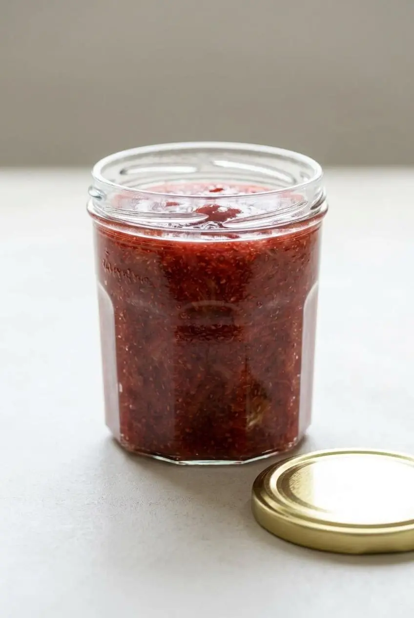 A single glass jar of strawberry rhubarb chia jam filled with a half-inch of headspace, sitting next to its gold lid.
