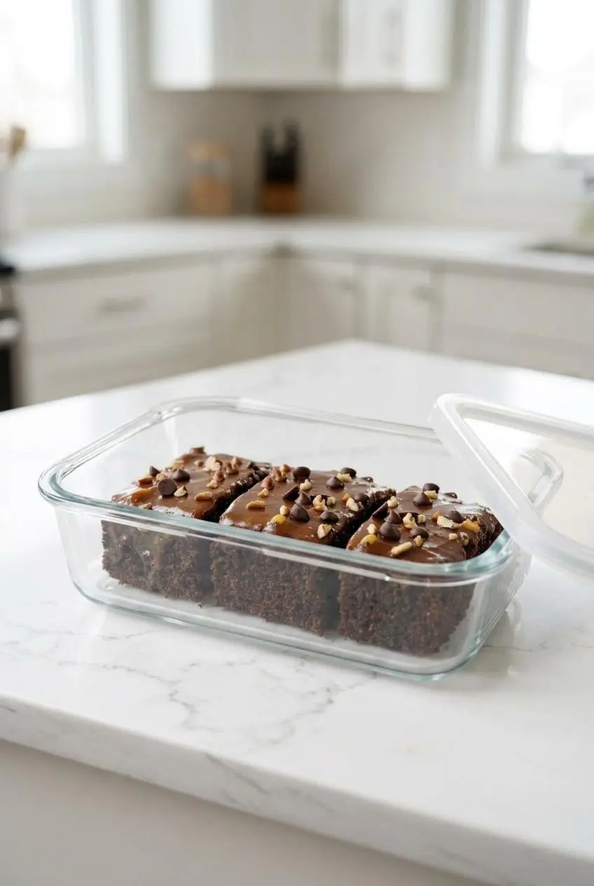 Three pre-sliced squares of chocolate sheet cake stored inside a glass container with the lid open.