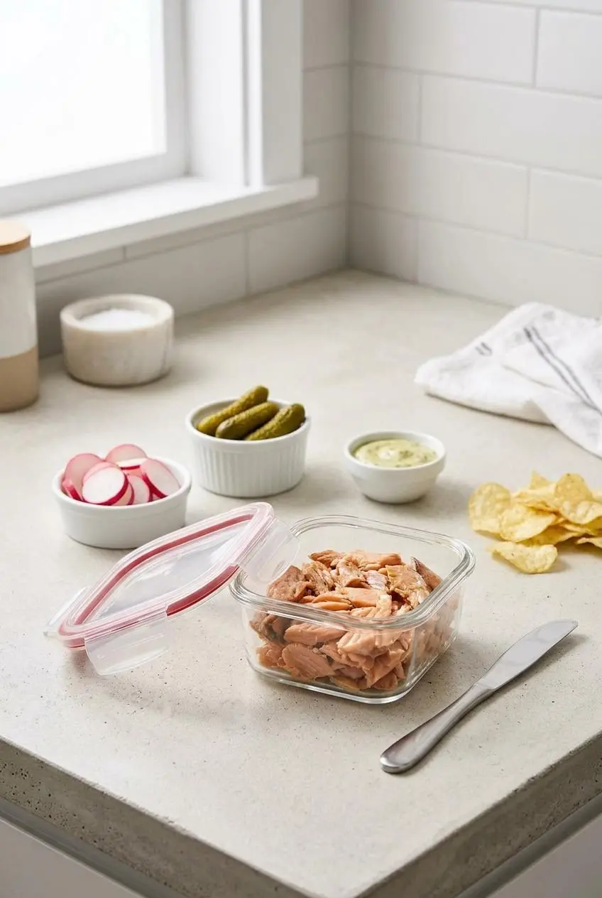 Leftover smoked trout in a glass airtight container next to a separate container of fresh radishes.