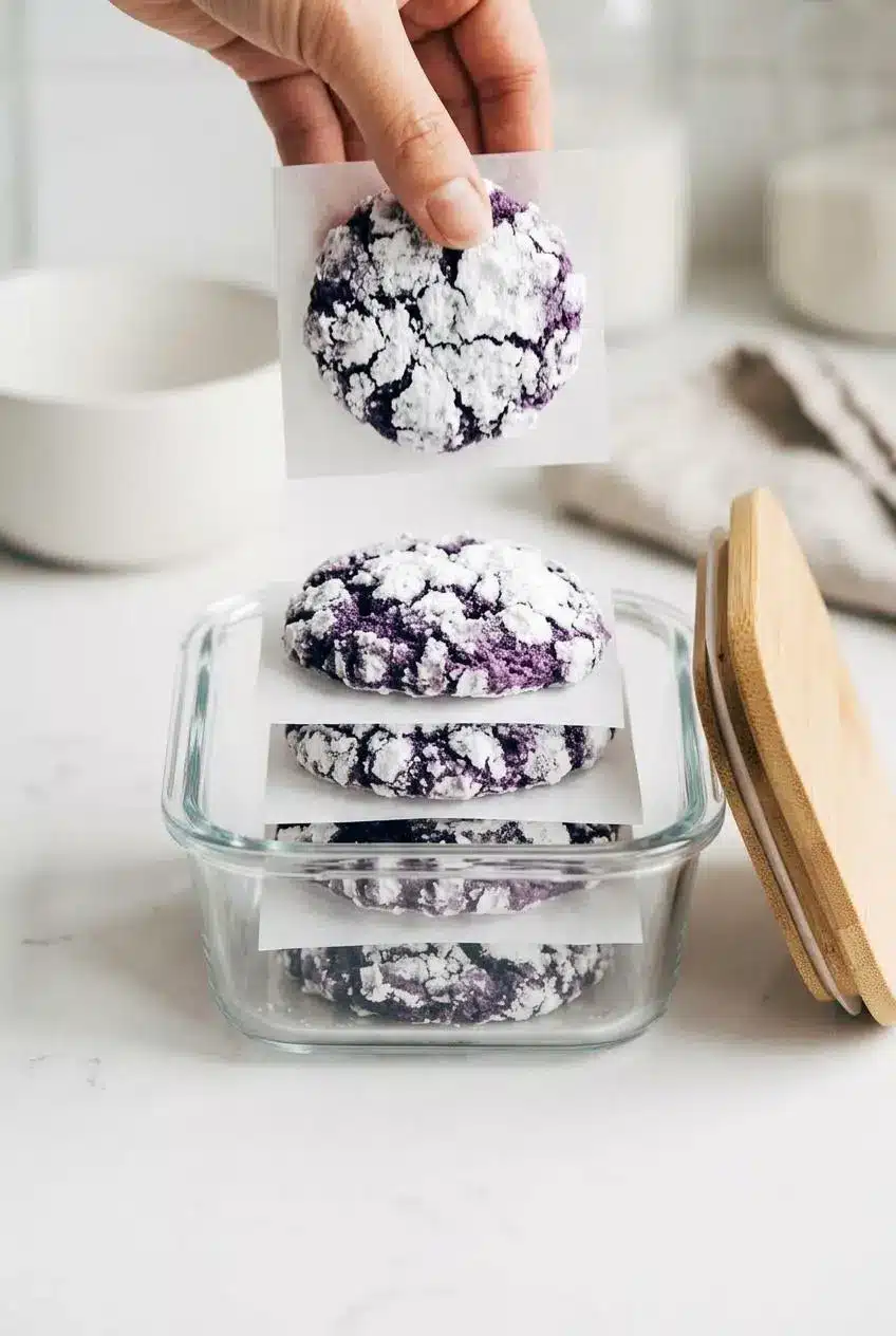 Baked ube crinkle cookies stacked with parchment paper dividers in a glass container with a bamboo lid.